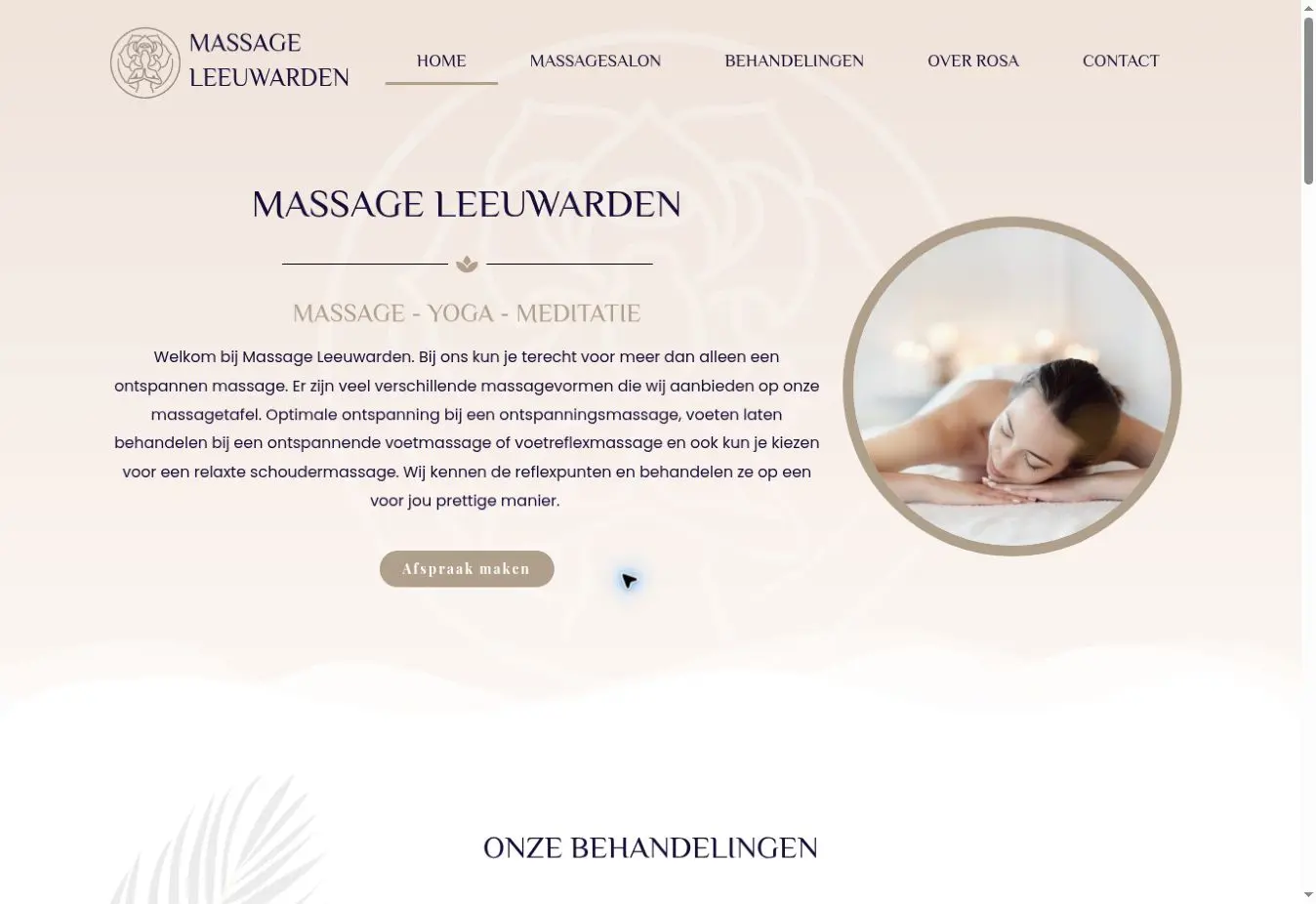 Schermafbeelding van de openbare website van Rosa’s Massage