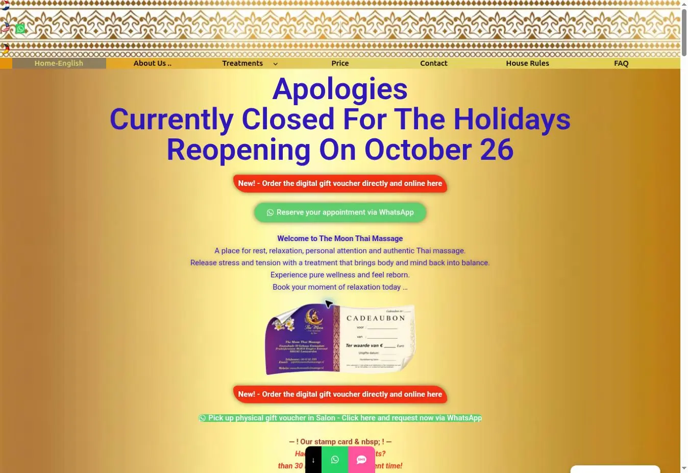 Schermafbeelding van de openbare website van The Moon Thai Massage met het actuele vakantiebericht