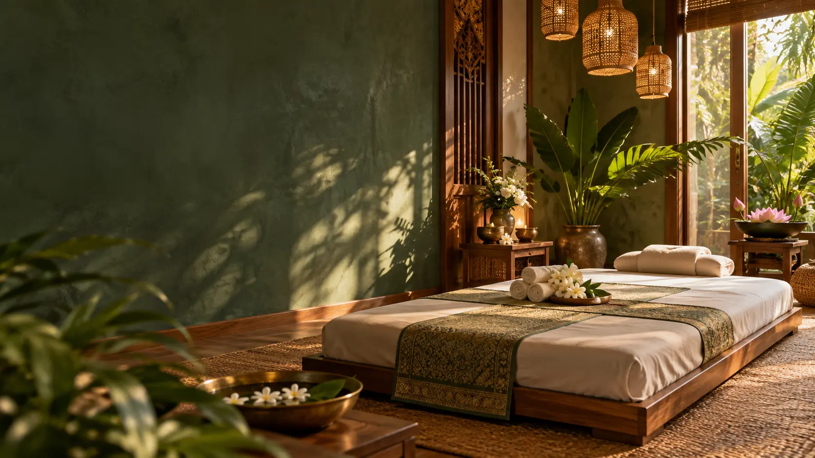 Warme Thaise sfeer met goud- en groentinten bij Thip's Massagesalon